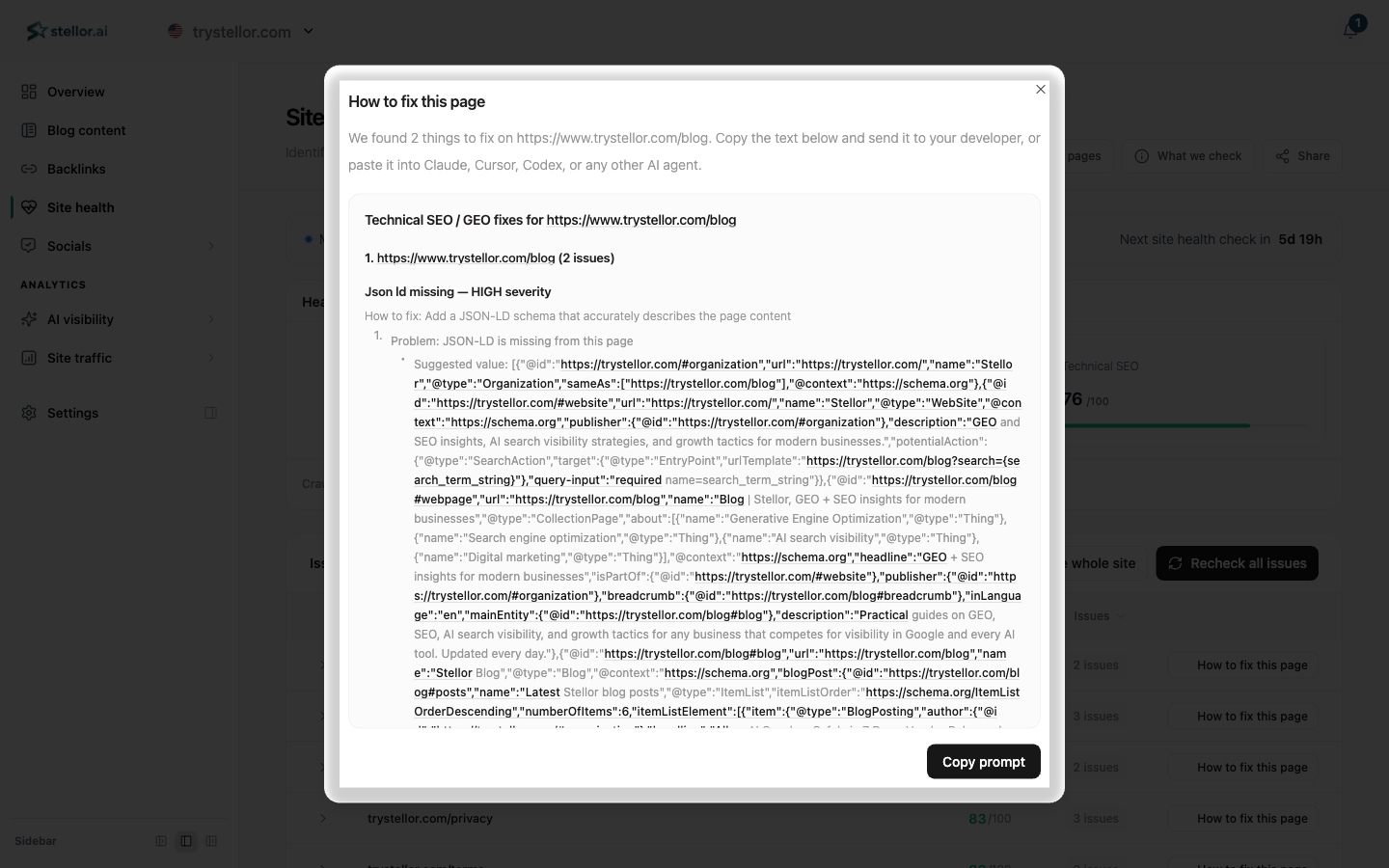 Stellor's auto-generated technical SEO fix, ready to paste into an AI coding agent